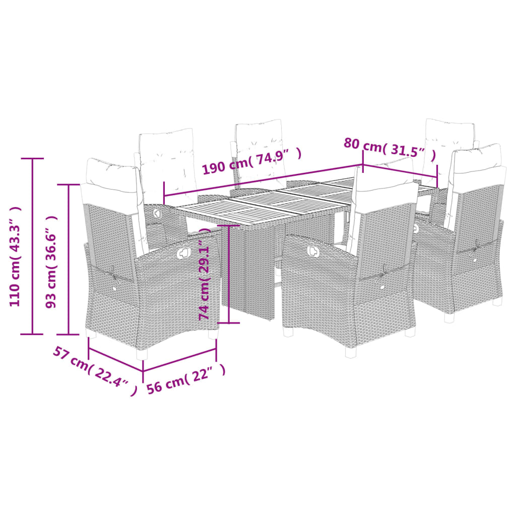 Set da Pranzo da Giardino 7 pz Nero con Cuscini in Polyrattan 3212704