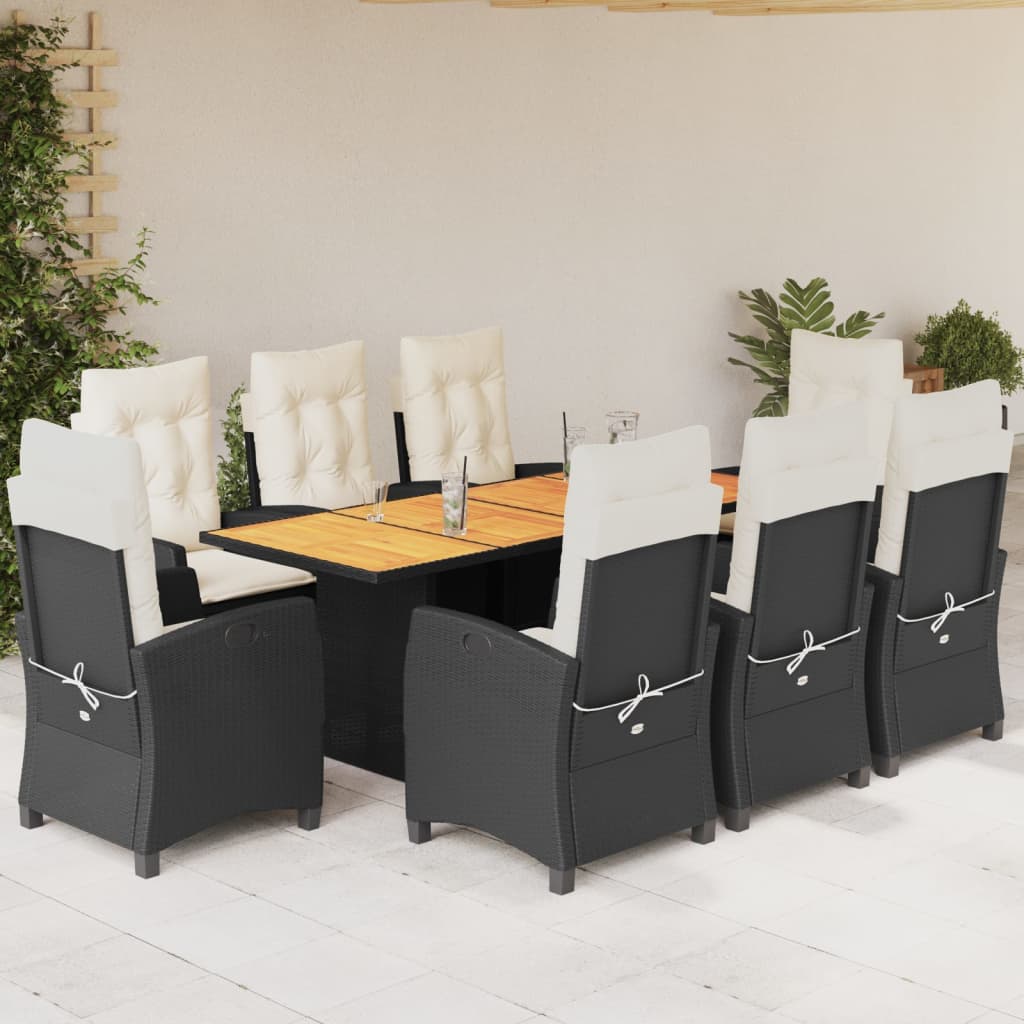 Set da Pranzo da Giardino 9 pz con Cuscini Nero in Polyrattan 3212706