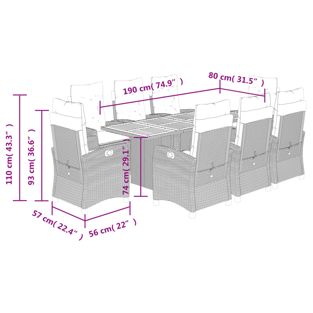 Set Pranzo da Giardino 9 pz con Cuscini Beige Misto Polyrattan 3212717