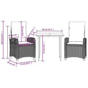 Set da Pranzo da Giardino 3 pz con Cuscini Nero in Polyrattan 3212722