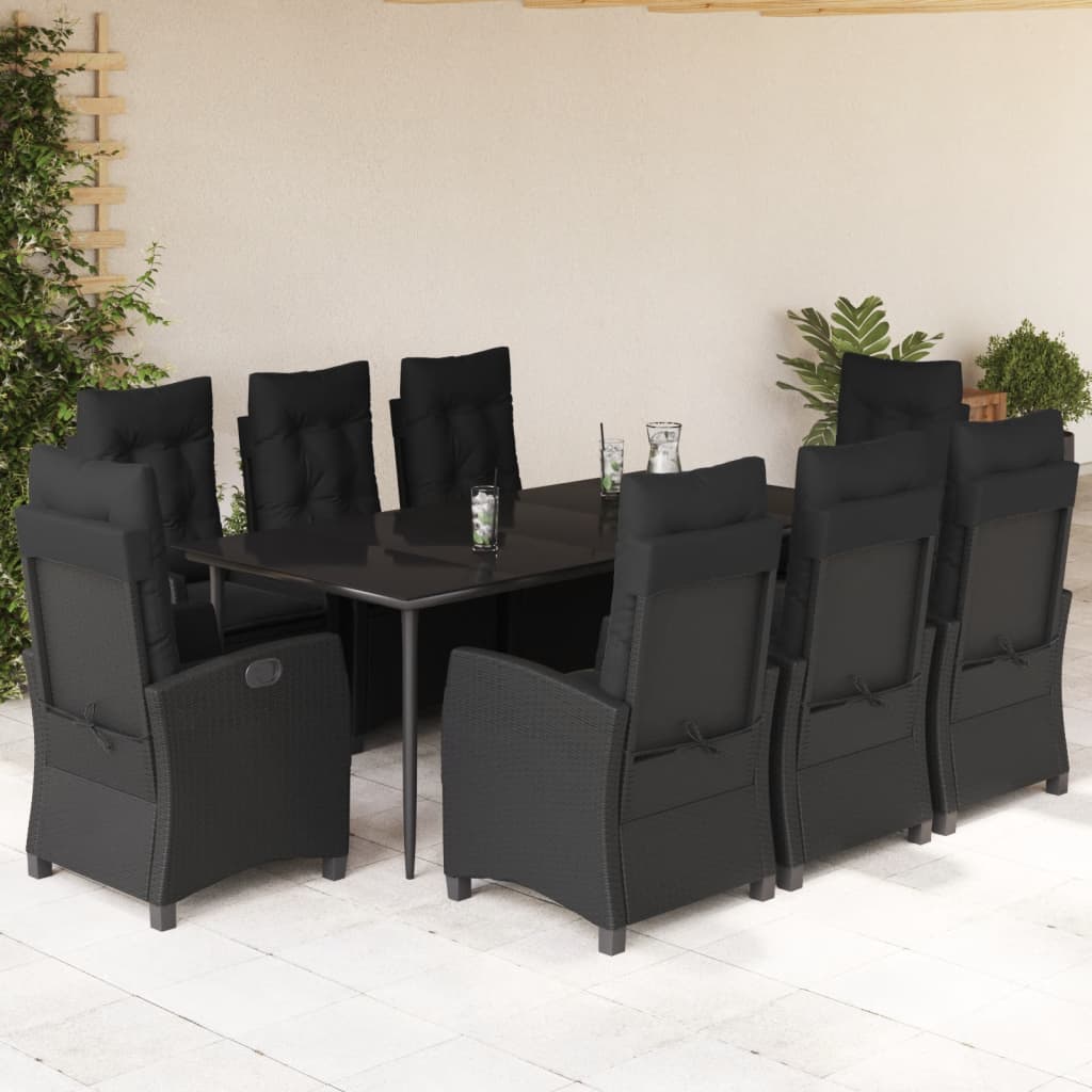 Set da Pranzo da Giardino 9 pz con Cuscini Nero in Polyrattan 3212751