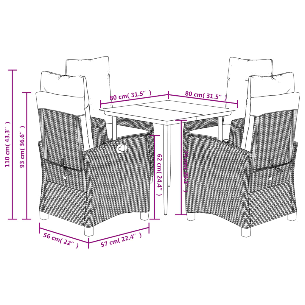 Set da Pranzo da Giardino 5pz con Cuscini in Polyrattan Marrone 3212763