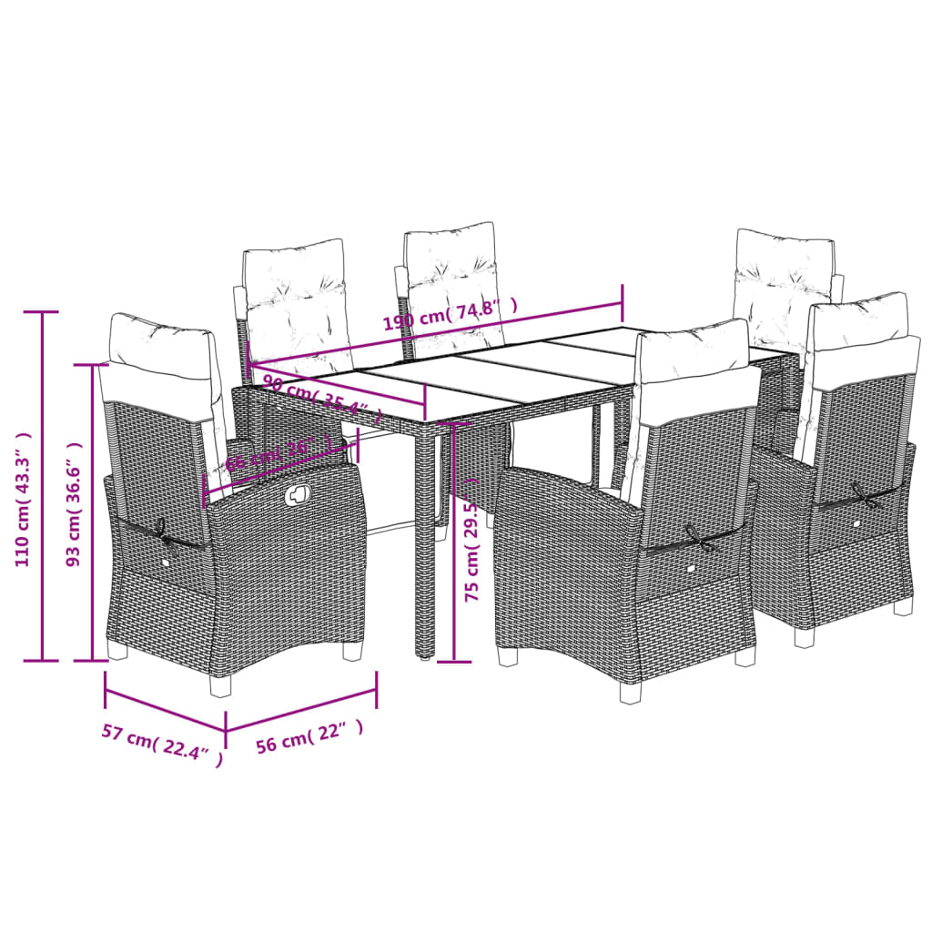 Set da Pranzo da Giardino 7 pz Nero con Cuscini in Polyrattan 3212886