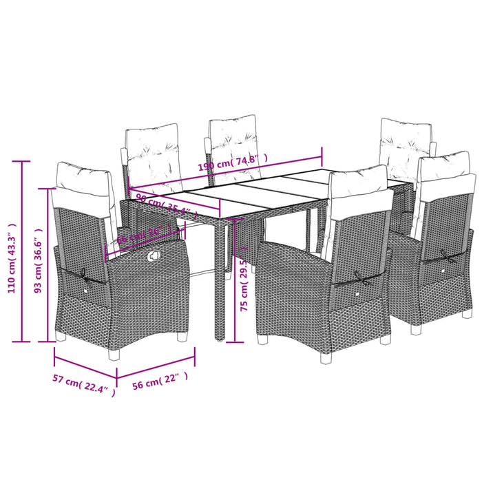 Set da Pranzo da Giardino 7 pz Nero con Cuscini in Polyrattan 3212886