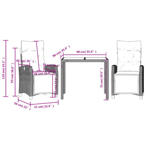 Set da Pranzo da Giardino 3 pz con Cuscini Nero in Polyrattan 3212888