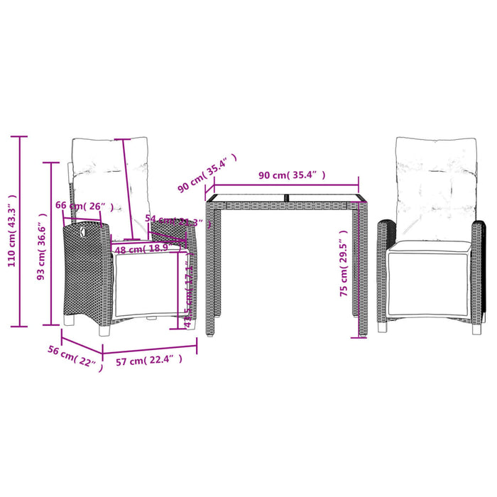 Set da Pranzo da Giardino 3 pz con Cuscini Nero in Polyrattan 3212888