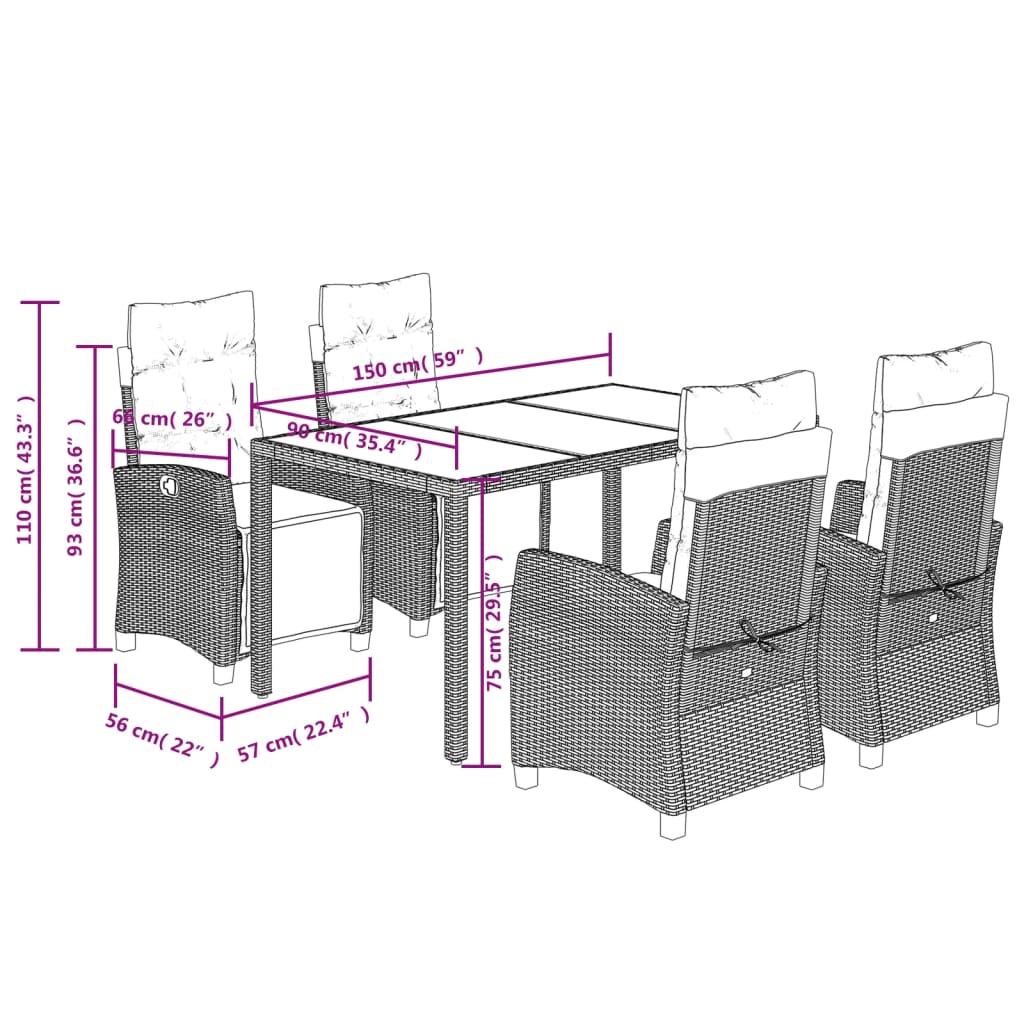 Set da Pranzo da Giardino 5 pz Nero con Cuscini in Polyrattan 3212890