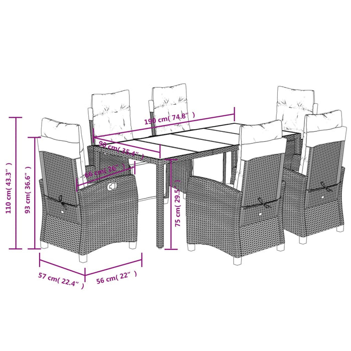 Set da Pranzo da Giardino 7 pz Nero con Cuscini in Polyrattan 3212892