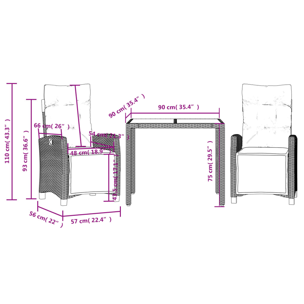 Set da Pranzo da Giardino 3 pz con Cuscini in Polyrattan Grigio 3212894