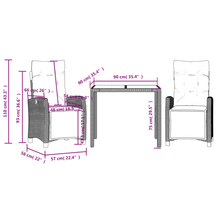 Set da Pranzo da Giardino 3 pz con Cuscini in Polyrattan Grigio 3212894