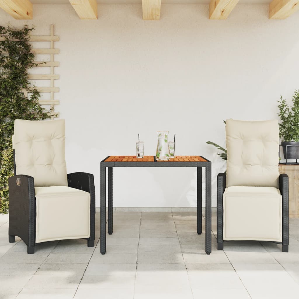 Set da Pranzo da Giardino 3 pz con Cuscini Nero in Polyrattan 3212900