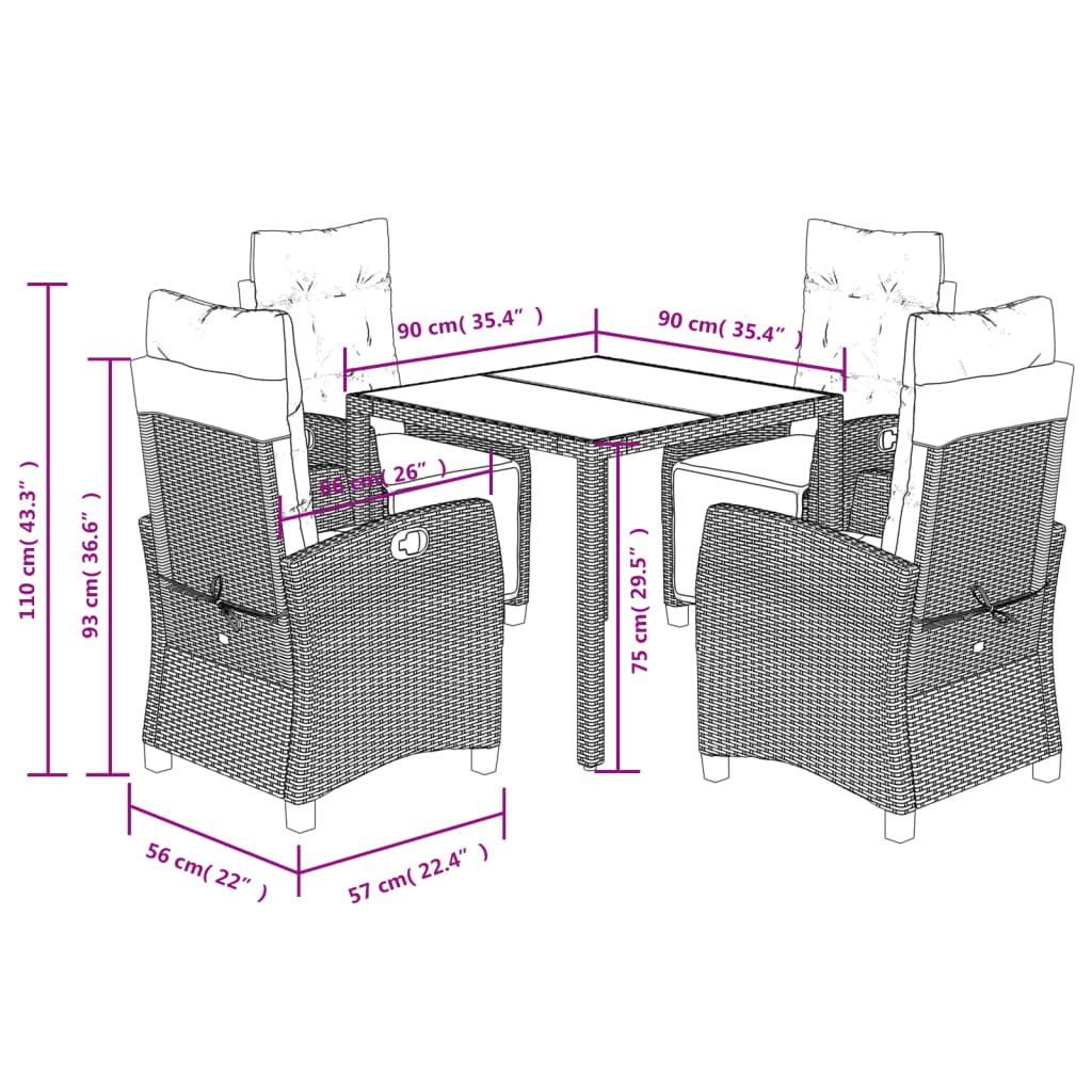 Set da Pranzo da Giardino 5 pz Nero con Cuscini in Polyrattan 3212901