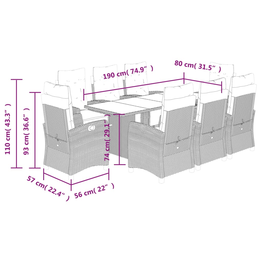 Set da Pranzo da Giardino 9 pz con Cuscini Nero in Polyrattan 3212919