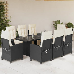 Set da Pranzo da Giardino 9 pz con Cuscini Nero in Polyrattan 3212919