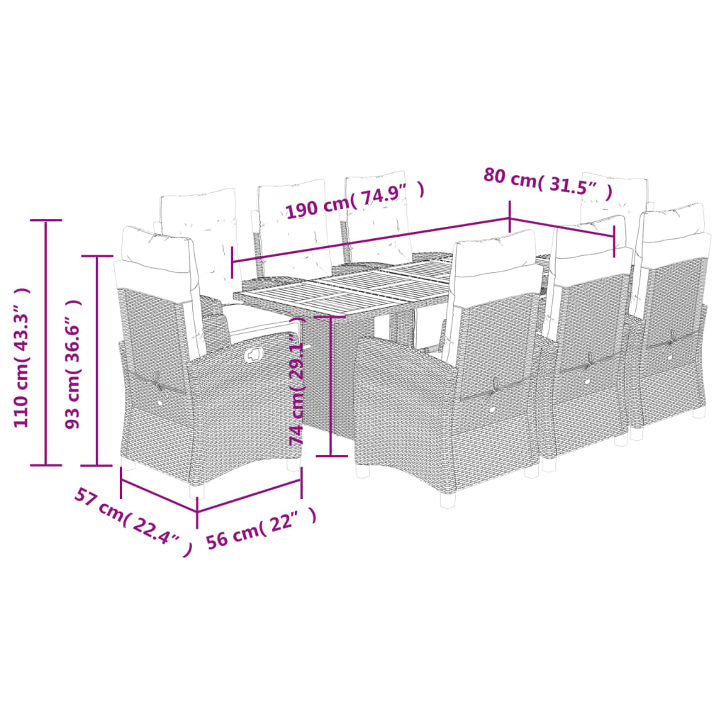 Set da Pranzo da Giardino 9 pz con Cuscini in Polyrattan Grigio 3212939