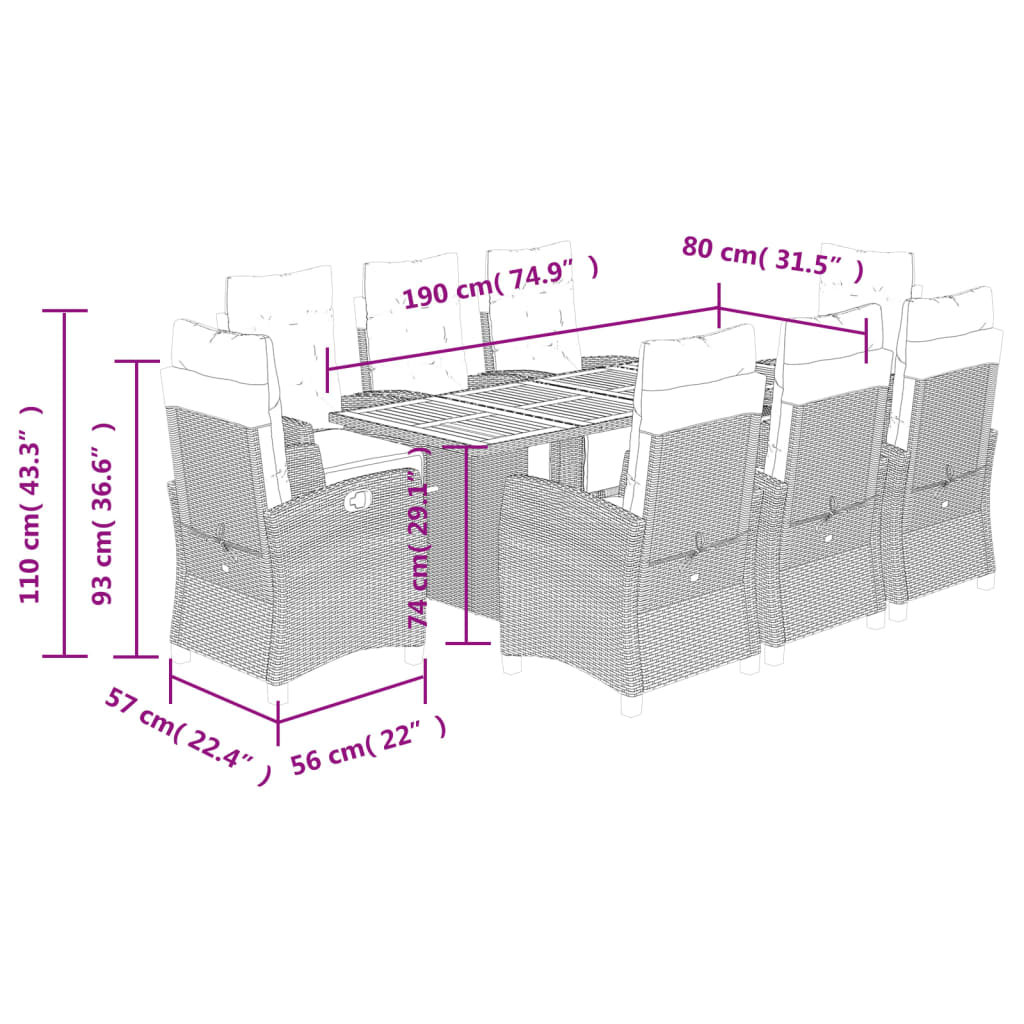 Set Pranzo da Giardino 9 pz con Cuscini Beige Misto Polyrattan 3212943