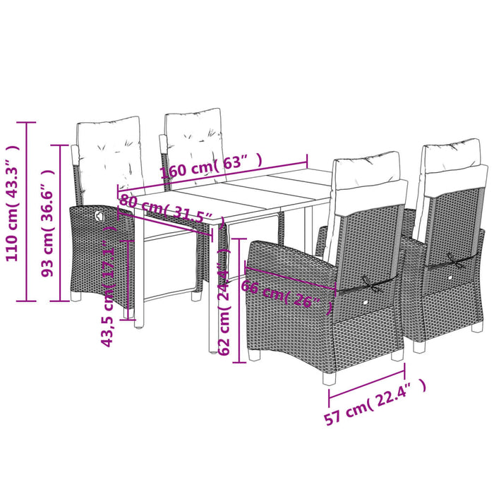 Set da Pranzo da Giardino 5 pz Nero con Cuscini in Polyrattan 3212970