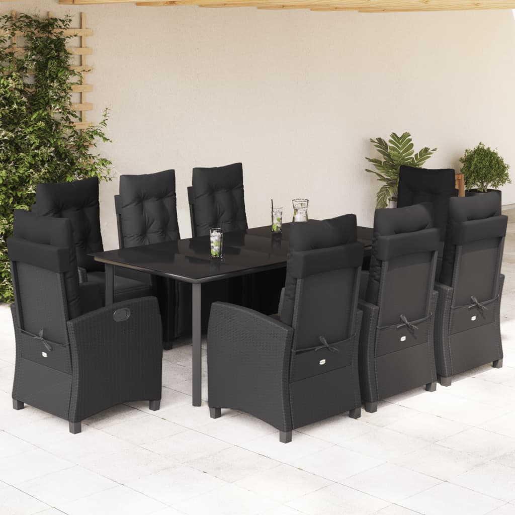 Set da Pranzo da Giardino 9 pz con Cuscini Nero in Polyrattan 3212973