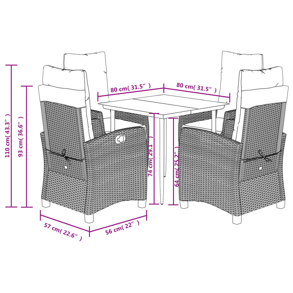 Set da Pranzo da Giardino 5pz con Cuscini in Polyrattan Marrone 3212975