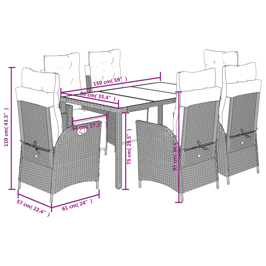 Set da Pranzo da Giardino 7 pz Nero con Cuscini in Polyrattan 3213062