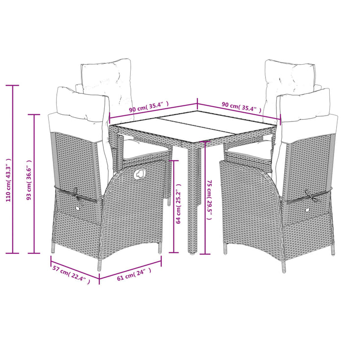 Set da Pranzo da Giardino 5 pz Nero con Cuscini in Polyrattan 3213068