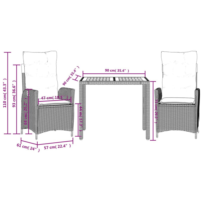 Set da Pranzo da Giardino 3 pz con Cuscini Nero in Polyrattan 3213085