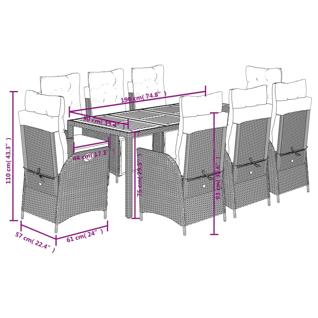 Set da Pranzo da Giardino 9 pz con Cuscini in Polyrattan Grigio 3213110