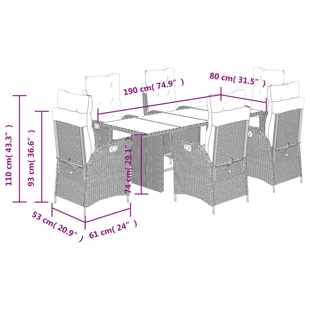 Set da Pranzo da Giardino 7 pz Nero con Cuscini in Polyrattan 3213112