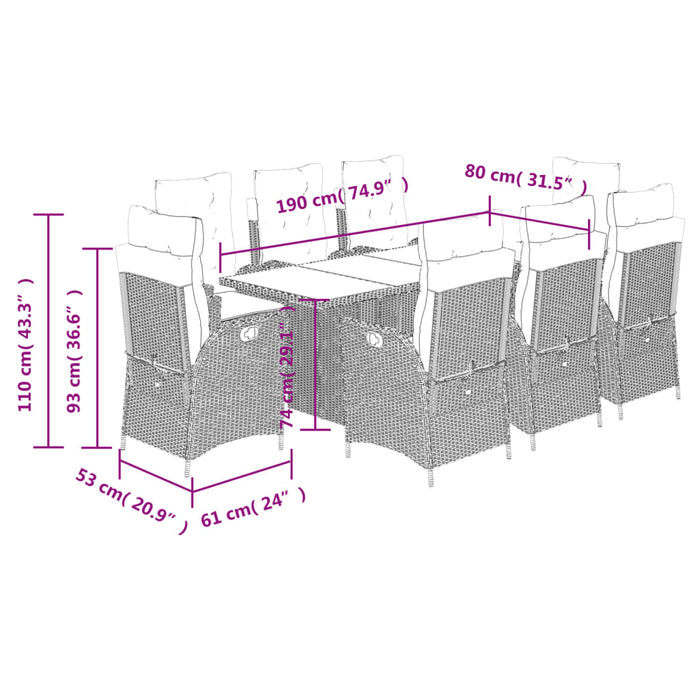 Set da Pranzo da Giardino 9pz con Cuscini Marrone in Polyrattan 3213119