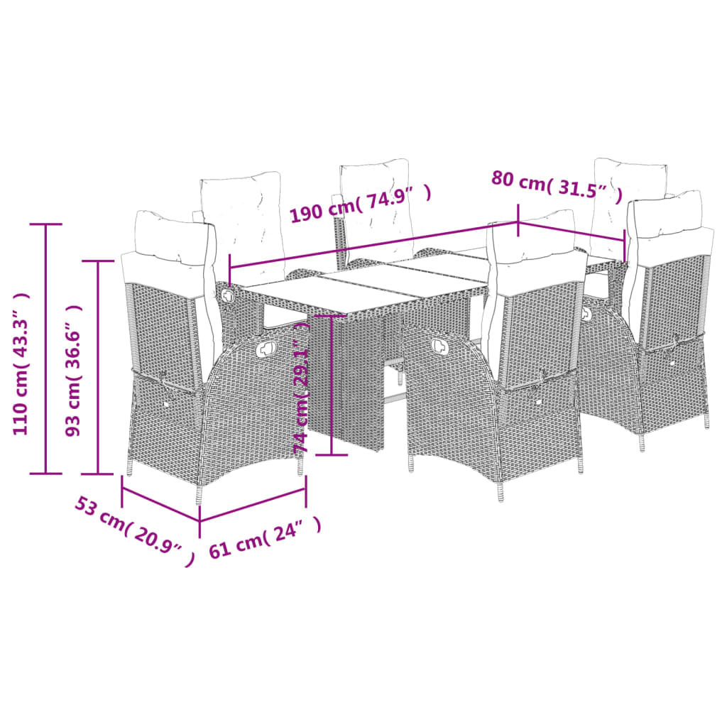 Set da Pranzo da Giardino 7 pz Cuscini Polyrattan Grigio Chiaro 3213130