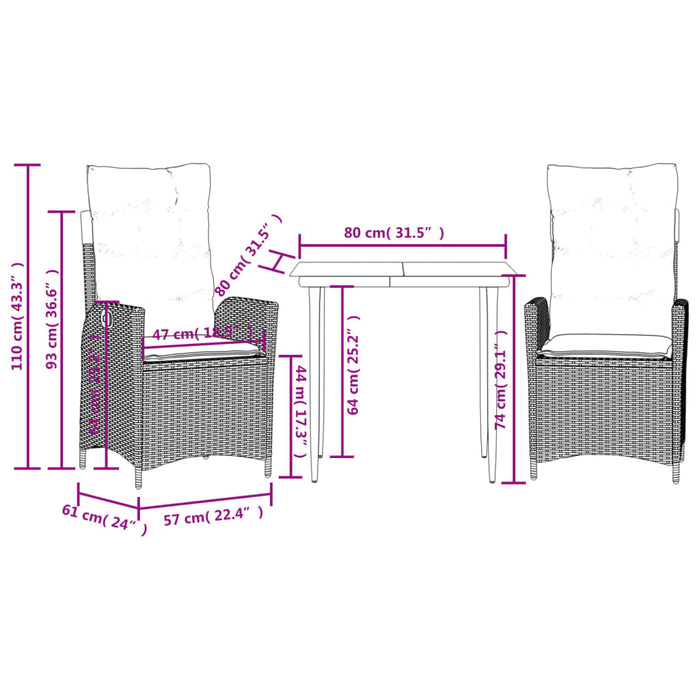 Set da Pranzo da Giardino 3 pz con Cuscini Nero in Polyrattan 3213154