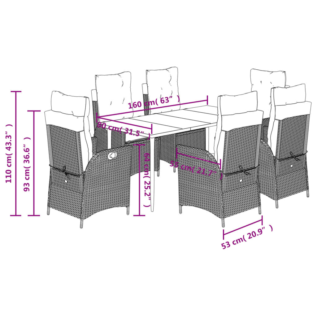 Set da Pranzo da Giardino 7 pz Nero con Cuscini in Polyrattan 3213159