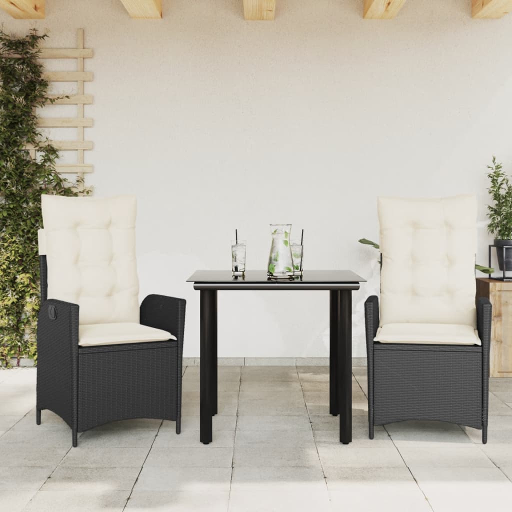 Set da Pranzo da Giardino 3 pz con Cuscini Nero in Polyrattan 3213164