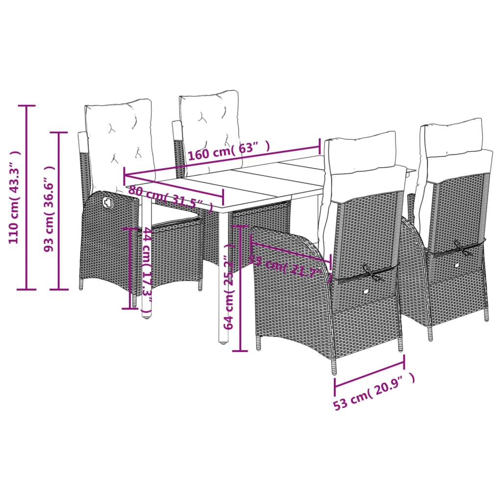 Set da Pranzo da Giardino 5 pz Nero con Cuscini in Polyrattan 3213168