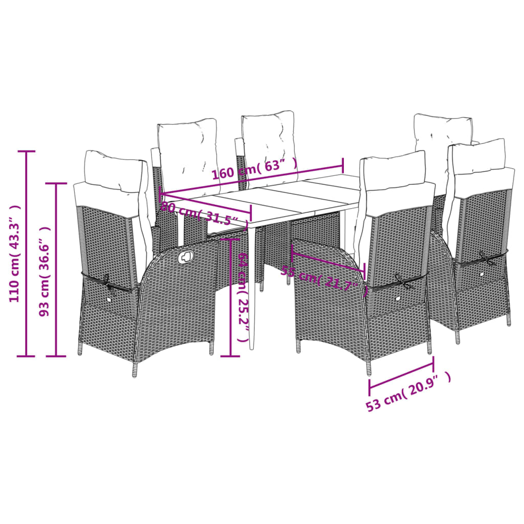 Set da Pranzo da Giardino 7 pz Nero con Cuscini in Polyrattan 3213179