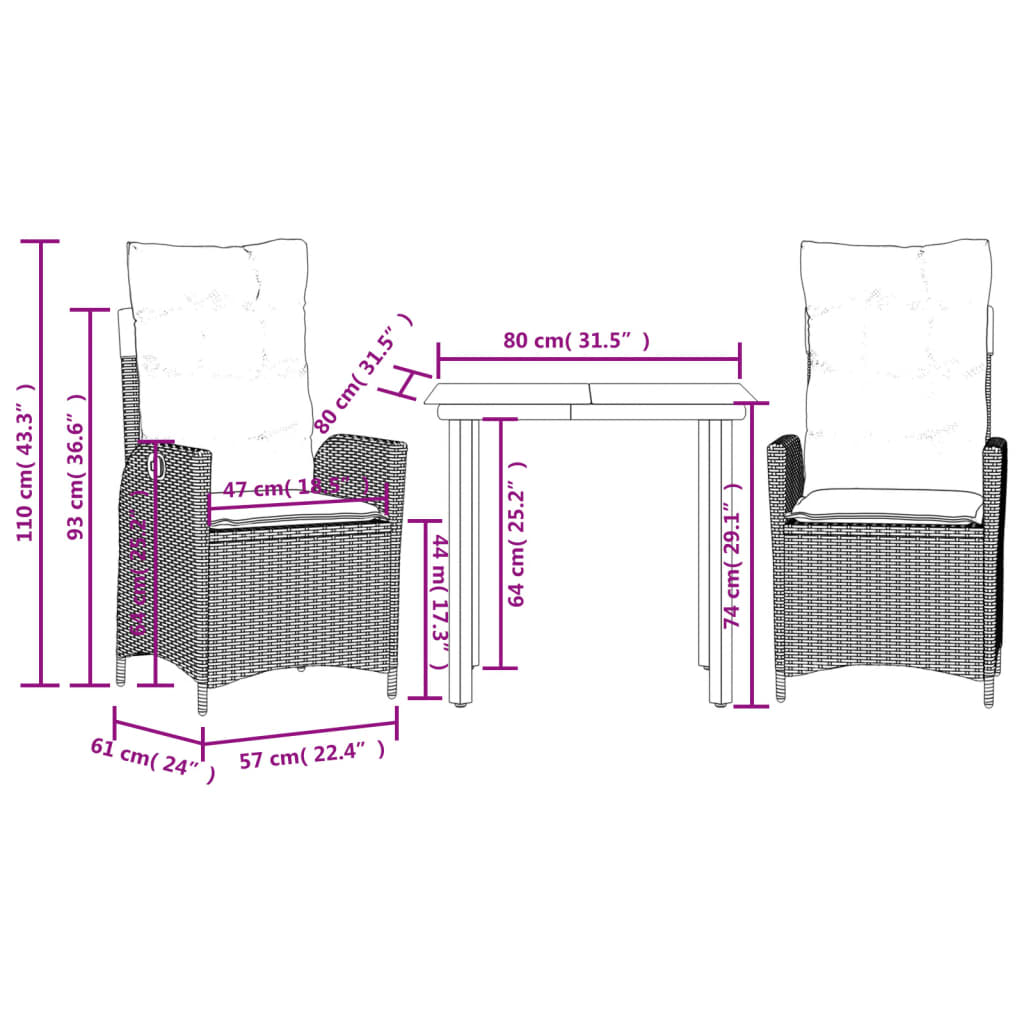 Set da Pranzo da Giardino 3 pz con Cuscini Nero in Polyrattan 3213184