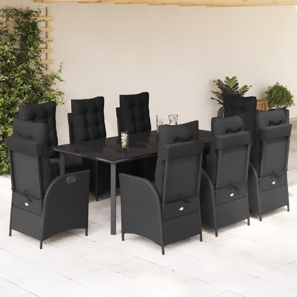 Set da Pranzo da Giardino 9 pz con Cuscini Nero in Polyrattan 3213193