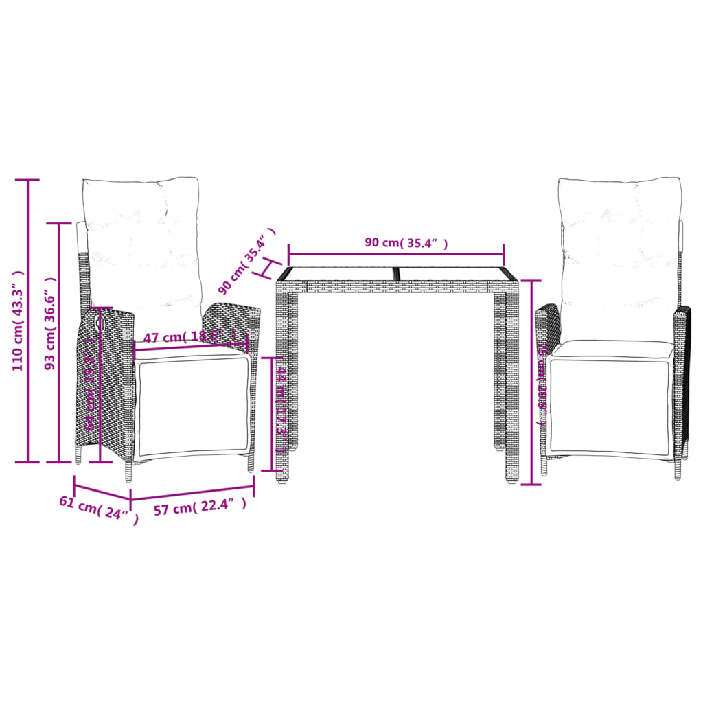 Set da Pranzo da Giardino 3 pz con Cuscini Nero in Polyrattan 3213314