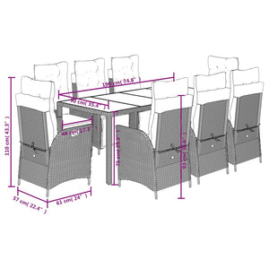 Set da Pranzo da Giardino 9 pz con Cuscini Nero in Polyrattan 3213319