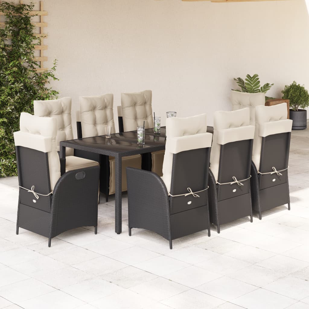 Set da Pranzo da Giardino 9 pz con Cuscini Nero in Polyrattan 3213319