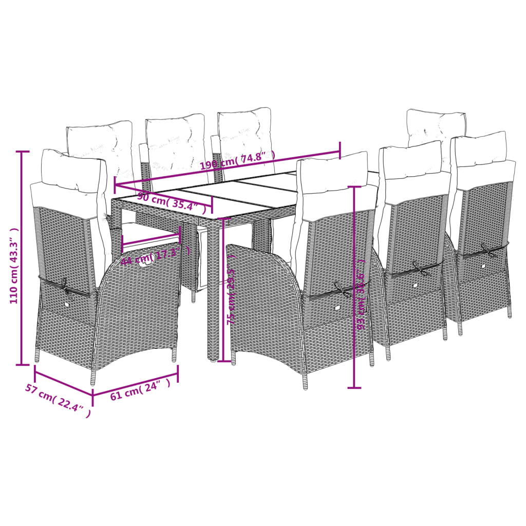 Set da Pranzo da Giardino 9 pz con Cuscini Nero in Polyrattan 3213325