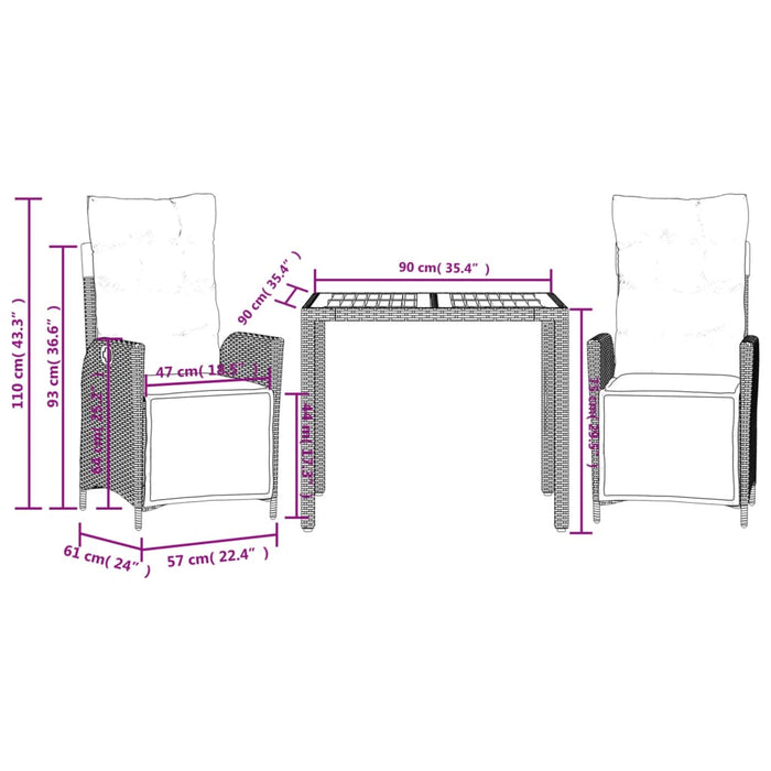 Set da Pranzo da Giardino 3 pz con Cuscini Nero in Polyrattan 3213338