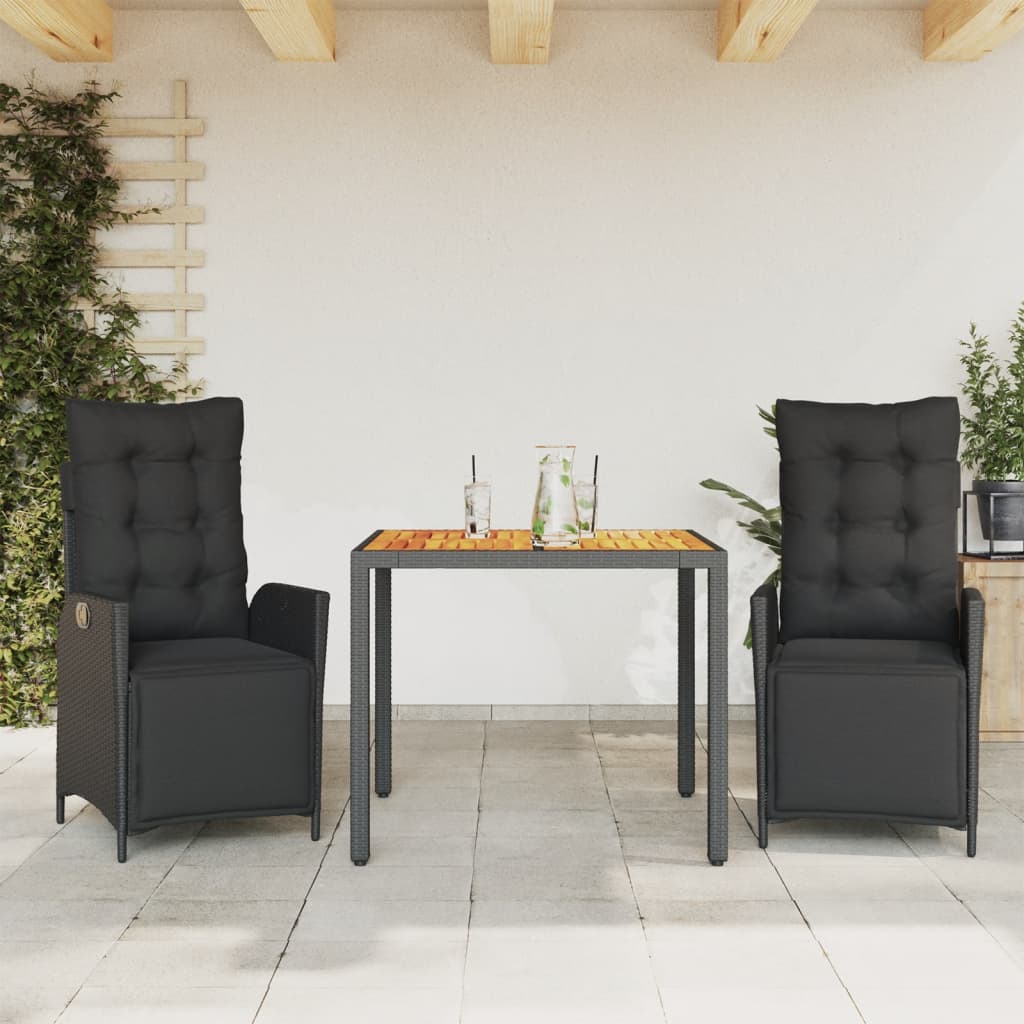 Set da Pranzo da Giardino 3 pz con Cuscini Nero in Polyrattan 3213338