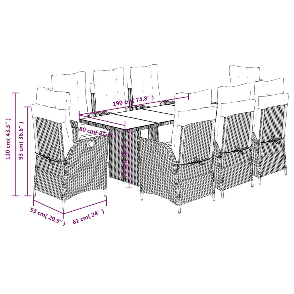 Set da Pranzo da Giardino 9 pz con Cuscini Nero in Polyrattan 3213351