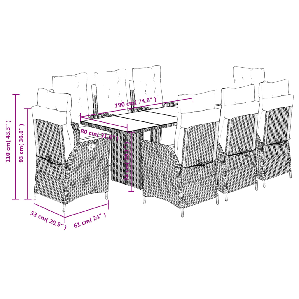 Set da Pranzo da Giardino 9 pz con Cuscini Nero in Polyrattan 3213353