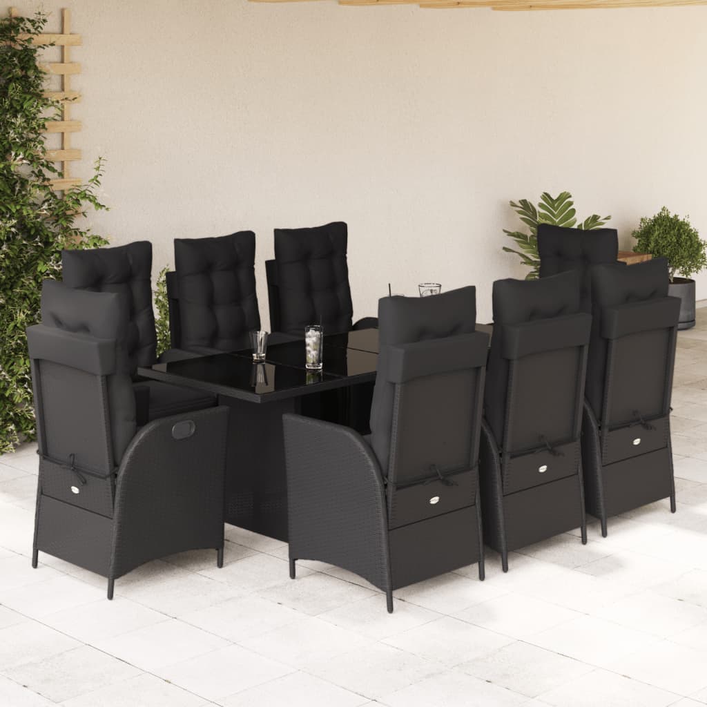 Set da Pranzo da Giardino 9 pz con Cuscini Nero in Polyrattan 3213353