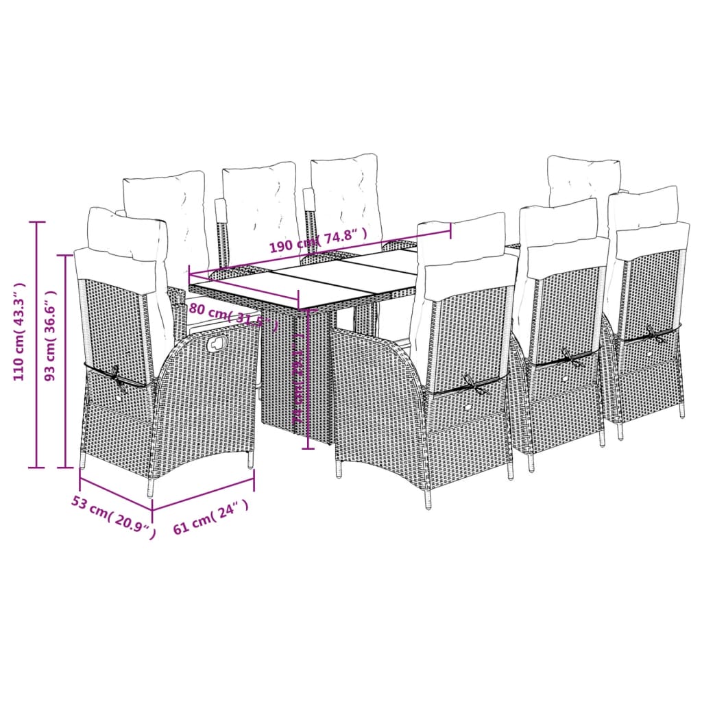 Set Pranzo da Giardino 9pz con Cuscini Grigio Chiaro Polyrattan 3213363