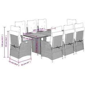 Set da Pranzo da Giardino 9 pz con Cuscini Nero in Polyrattan 3213367