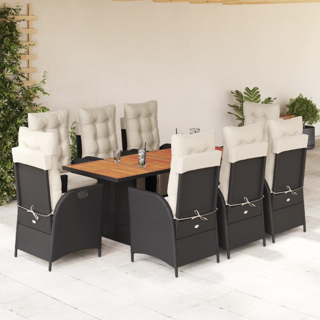 Set da Pranzo da Giardino 9 pz con Cuscini Nero in Polyrattan 3213367