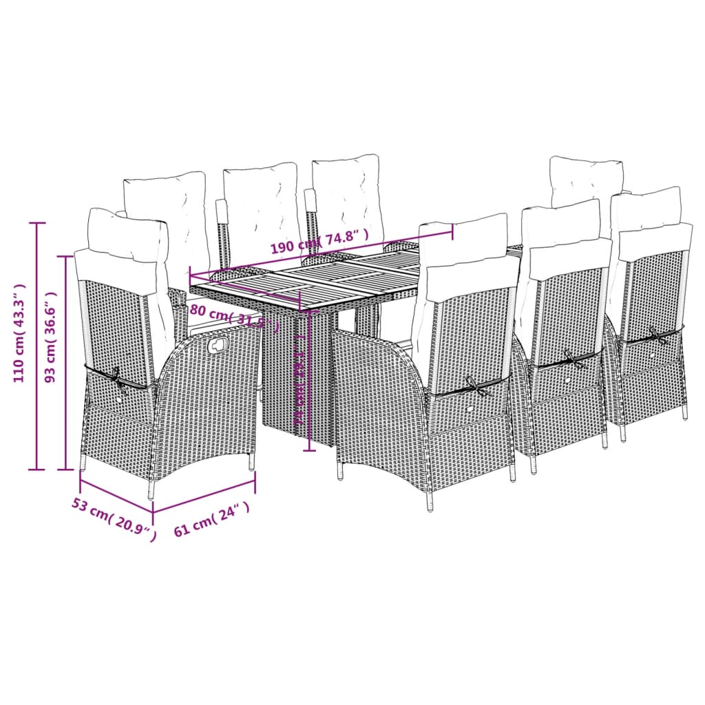 Set da Pranzo da Giardino 9 pz con Cuscini Beige in Polyrattan 3213373